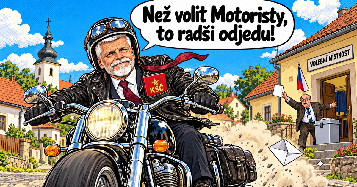 Karikatura: prezident Petr Pavel odjíždí na motorce od volební místnosti a říká: Než volit Motoristy, to radši odjedu!