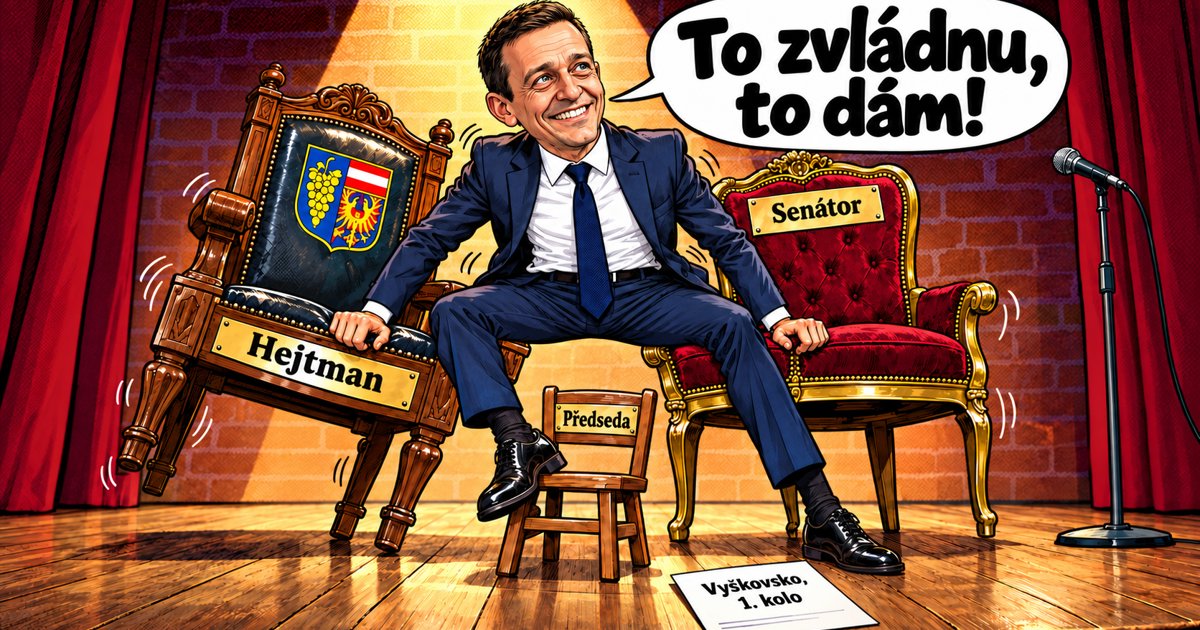 Karikatura: hejtman Jan Grolich sedí rozkročmo na dvou židlích s cedulkami Hejtman a Senátor, mezi nohama drží židličku Předseda a říká: To zvládnu, to dám!