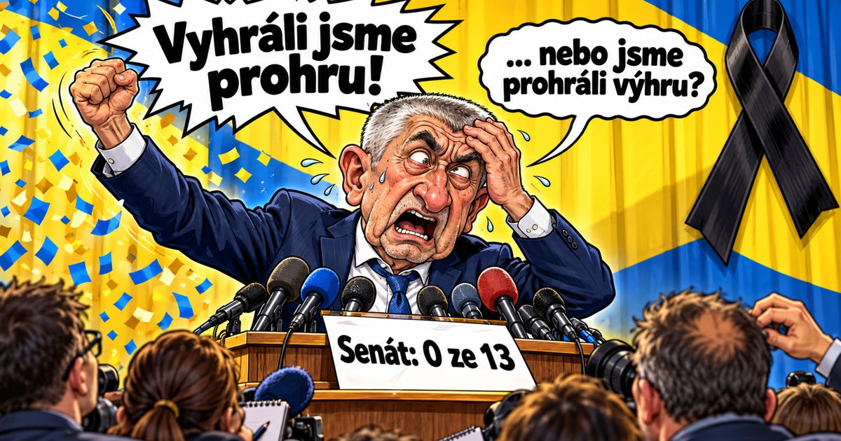 drej Babiš křičí za řečnickým pultem s mikrofony, jednu ruku zvedá vítězně, druhou si drží čelo. Na pultu leží vzhůru nohama list s textem Senát: 0 ze 13. Ve velké bublině křičí: Vyhráli jsme prohru!